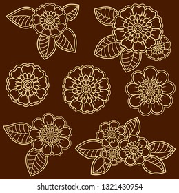 Set of Mehndi flower pattern for Henna drawing and tattoo. Decoration in ethnic oriental, Indian style.