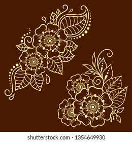 Set of Mehndi flower pattern for Henna drawing and tattoo. Decoration in ethnic oriental, Indian style.