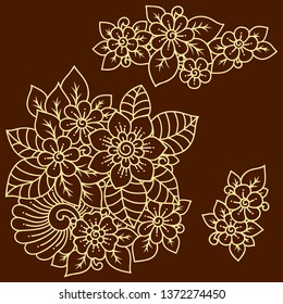 Set of Mehndi flower pattern for Henna drawing and tattoo. Decoration in ethnic oriental, Indian style.