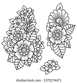 Set of Mehndi flower pattern for Henna drawing and tattoo. Decoration in ethnic oriental, Indian style.