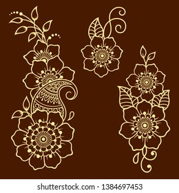 Set of Mehndi flower pattern for Henna drawing and tattoo. Decoration in ethnic oriental, Indian style. Doodle ornament. Outline hand draw vector illustration.