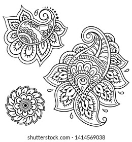 Set of Mehndi flower pattern for Henna drawing and tattoo. Decoration in ethnic oriental, Indian style. Doodle ornament. Outline hand draw vector illustration.