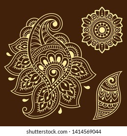 Set of Mehndi flower pattern for Henna drawing and tattoo. Decoration in ethnic oriental, Indian style. Doodle ornament. Outline hand draw vector illustration.