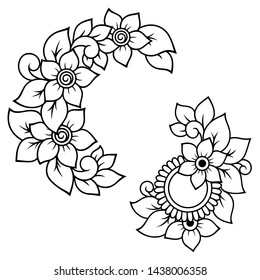 Set of Mehndi flower pattern for Henna drawing and tattoo. Decoration in ethnic oriental, Indian style. Doodle ornament. Outline hand draw vector illustration.