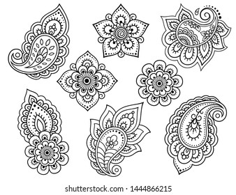 Set Of Mehndi Flower Pattern For Henna Drawing And Tattoo. Decoration In Ethnic Oriental, Indian Style. Doodle Ornament. Outline Hand Draw Vector Illustration.