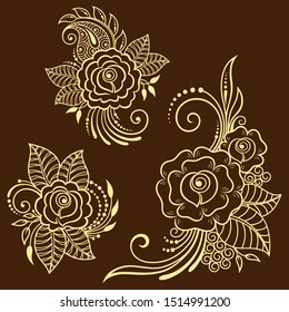 Set of Mehndi flower pattern for Henna drawing and tattoo. Decoration in ethnic oriental, Indian style. Doodle ornament. Outline hand draw vector illustration.