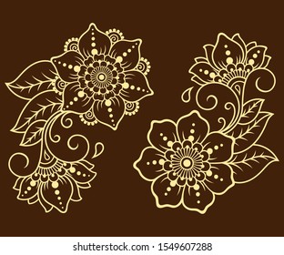 Set of Mehndi flower pattern for Henna drawing and tattoo. Decoration in ethnic oriental, Indian style. Doodle ornament. Outline hand draw vector illustration.