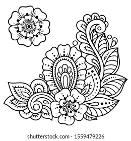 Set of Mehndi flower pattern for Henna drawing and tattoo. Decoration in ethnic oriental, Indian style. Doodle ornament. Outline hand draw vector illustration.