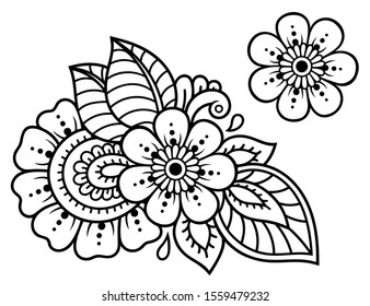 Set of Mehndi flower pattern for Henna drawing and tattoo. Decoration in ethnic oriental, Indian style. Doodle ornament. Outline hand draw vector illustration.