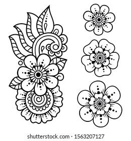 Set of Mehndi flower pattern for Henna drawing and tattoo. Decoration in ethnic oriental, Indian style. Doodle ornament. Outline hand draw vector illustration.