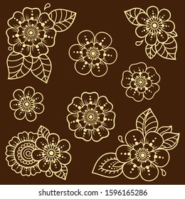 Set of Mehndi flower pattern for Henna drawing and tattoo. Decoration in ethnic oriental, Indian style. Doodle ornament. Outline hand draw vector illustration.