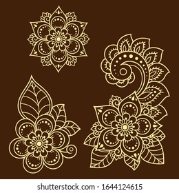 Set of Mehndi flower pattern for Henna drawing and tattoo. Decoration in ethnic oriental, Indian style. Doodle ornament. Outline hand draw vector illustration.