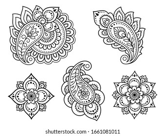 Set of Mehndi flower pattern for Henna drawing and tattoo. Decoration in ethnic oriental, Indian style. Doodle ornament. Outline hand draw vector illustration.