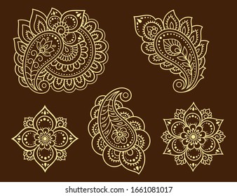 Set of Mehndi flower pattern for Henna drawing and tattoo. Decoration in ethnic oriental, Indian style. Doodle ornament. Outline hand draw vector illustration.