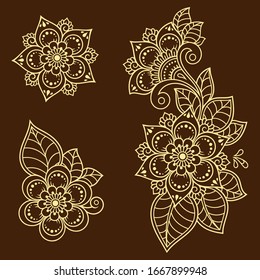 Conjunto de motivos florales de Mehndi para el dibujo y tatuaje de Henna. Decoración de estilo étnico oriental e indio. Ornamento de perro. Dibujo manual de esquema de ilustración vectorial.
