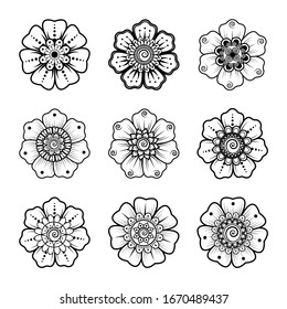 Set of mehndi flower pattern for henna drawing and tattoo. decoration in ethnic oriental, indian style. EPS 10.