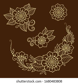 Set of Mehndi flower pattern for Henna drawing and tattoo. Decoration in ethnic oriental, Indian style. Doodle ornament. Outline hand draw vector illustration.