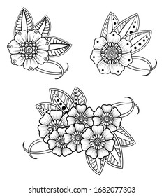 Set of Mehndi flower pattern for Henna drawing and tattoo. Decoration in ethnic oriental, Indian style. EPS 10.