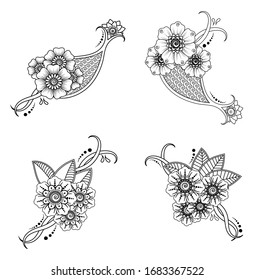 Set von Mehndi Blumenmuster für Henna Zeichnung und Tattoo. Dekoration im orientalischen, indischen Stil. Doodle-Ornament. Umfassende Hand ziehen Vektorgrafik.