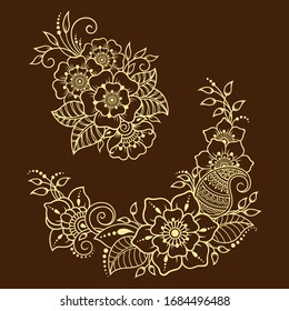 Conjunto de motivos florales de Mehndi para el dibujo y tatuaje de Henna. Decoración de estilo étnico oriental e indio. Ornamento de perro. Dibujo manual de esquema de ilustración vectorial.