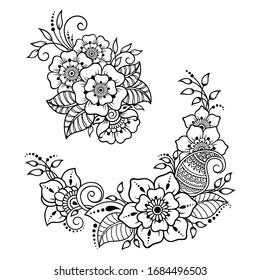 Set of Mehndi flower pattern for Henna drawing and tattoo. Decoration in ethnic oriental, Indian style. Doodle ornament. Outline hand draw vector illustration.