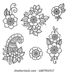Set of Mehndi flower pattern for Henna drawing and tattoo. Decoration in ethnic oriental, Indian style. Doodle ornament. Outline hand draw vector illustration.