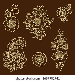 Set of Mehndi flower pattern for Henna drawing and tattoo. Decoration in ethnic oriental, Indian style. Doodle ornament. Outline hand draw vector illustration.