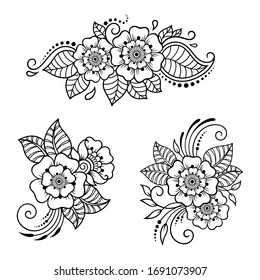 Set of Mehndi flower pattern for Henna drawing and tattoo. Decoration in ethnic oriental, Indian style. Doodle ornament. Outline hand draw vector illustration.