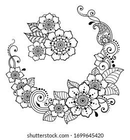 Conjunto de motivos florales de Mehndi para el dibujo y tatuaje de Henna. Decoración de estilo étnico oriental e indio. Ornamento de perro. Dibujo manual de esquema de ilustración vectorial.