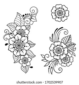 Set of Mehndi flower pattern for Henna drawing and tattoo. Decoration in ethnic oriental, Indian style. Doodle ornament. Outline hand draw vector illustration.