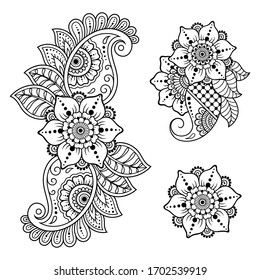 Set of Mehndi flower pattern for Henna drawing and tattoo. Decoration in ethnic oriental, Indian style. Doodle ornament. Outline hand draw vector illustration.