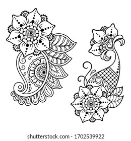 Set of Mehndi flower pattern for Henna drawing and tattoo. Decoration in ethnic oriental, Indian style. Doodle ornament. Outline hand draw vector illustration.