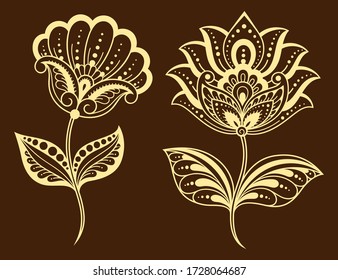 Set of Mehndi flower pattern for Henna drawing and tattoo. Decoration in ethnic oriental, Indian style. Doodle ornament. Outline hand draw vector illustration.