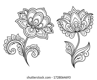 Set of Mehndi flower pattern for Henna drawing and tattoo. Decoration in ethnic oriental, Indian style. Doodle ornament. Outline hand draw vector illustration.