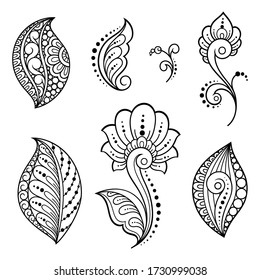 Set of Mehndi flower pattern for Henna drawing and tattoo. Decoration in ethnic oriental, Indian style. Doodle ornament. Outline hand draw vector illustration.