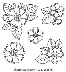 Conjunto de motivos florales de Mehndi para el dibujo y tatuaje de Henna. Decoración de estilo étnico oriental, indio. Ornamento de perro. Ilustración vectorial de dibujo manual de contorno.