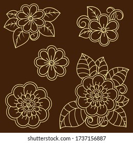Set of Mehndi flower pattern for Henna drawing and tattoo. Decoration in ethnic oriental, Indian style. Doodle ornament. Outline hand draw vector illustration.