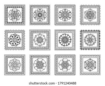 Set of Mehndi flower pattern for Henna drawing and tattoo. Decoration in ethnic oriental, Indian style.