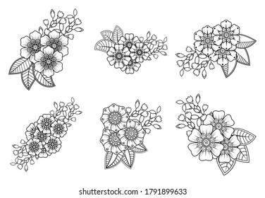 Set of mehndi flower pattern for henna drawing and tattoo. decoration in ethnic oriental, indian style.
