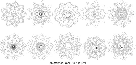 Set of Mehndi flower pattern for Henna drawing and tattoo. Decoration in ethnic oriental, Indian style.