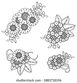 Set of Mehndi flower pattern for Henna drawing and tattoo. Decoration in ethnic oriental  Indian style.
