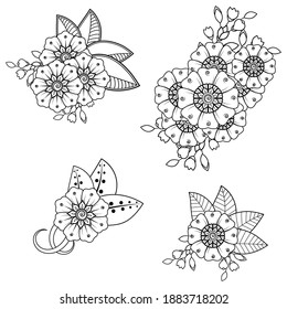 Set of Mehndi flower pattern for Henna drawing and tattoo. Decoration in ethnic oriental  Indian style.