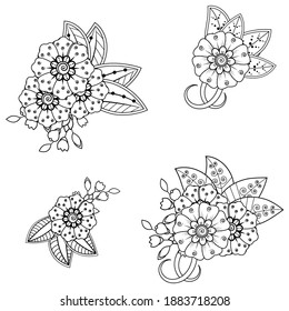 Set of Mehndi flower pattern for Henna drawing and tattoo. Decoration in ethnic oriental  Indian style.