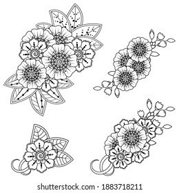 Set von Mehndi Blumenmuster für Henna Zeichnung und Tattoo. Die Dekoration im orientalisch-indischen Stil.