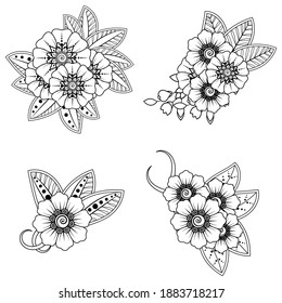 Set of Mehndi flower pattern for Henna drawing and tattoo. Decoration in ethnic oriental  Indian style.