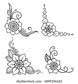 Set of Mehndi flower pattern for Henna drawing and tattoo. Decorative element in the form of a corner in the ethnic oriental, Indian style. Doodle ornament. Outline hand draw vector illustration.