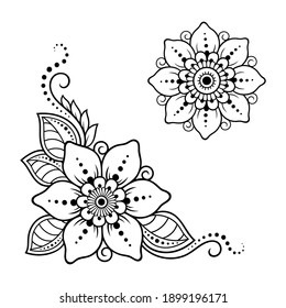 Set of Mehndi flower pattern for Henna drawing and tattoo. Decoration in ethnic oriental, Indian style. Doodle ornament. Outline hand draw vector illustration.