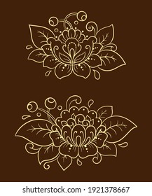 Set of Mehndi flower pattern for Henna drawing and tattoo. Decoration in ethnic oriental, Indian style. Doodle ornament. Outline hand draw vector illustration.