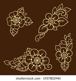 Set of Mehndi flower pattern for Henna drawing and tattoo. Decoration in ethnic oriental, Indian style. Doodle ornament. Outline hand draw vector illustration.