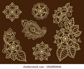 Conjunto de motivos florales de Mehndi para el dibujo y tatuaje de Henna. Decoración de estilo étnico oriental, indio. Ornamento de perro. Ilustración vectorial de dibujo manual de contorno.
